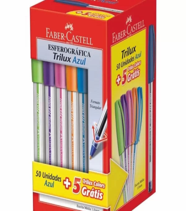 Caneta EsferogrÁfica Azul 1.0mm Trilux - Caixa Com 50unid + 5 Trilux Colors - Fa