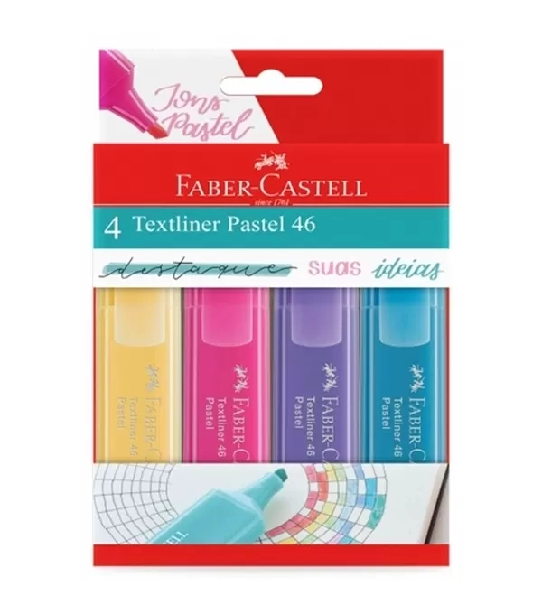 Pincel Marca Texto Textliner Pastel Com 4 Cores - Faber Castell - Mt/15464