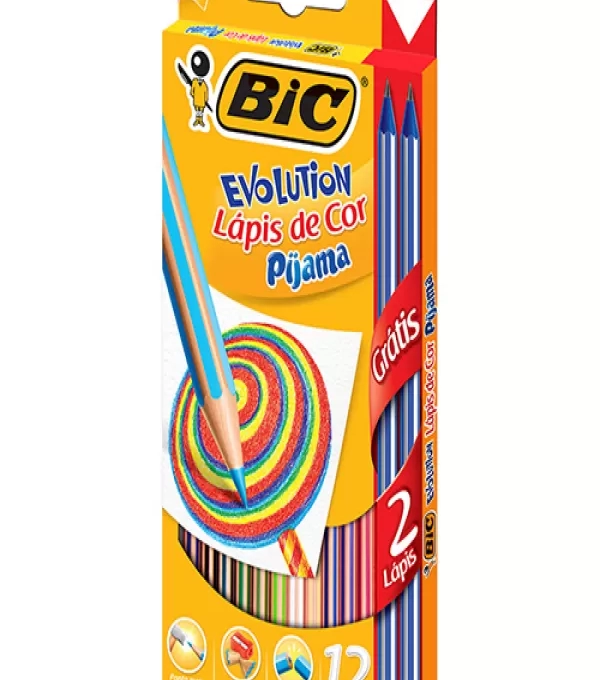 LÁpis De Cor 12 Cores Evolution Pijama Sextavado + 2 LÁpis Grafite Pijama - Bic